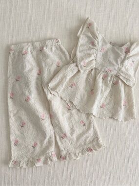 Girls Cream Floral Ruffle Set - Soft Pink Embroidered